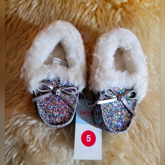 Cat & Jack Other - Cat And Jack Rainbow Glitter Sherpa Lined Slippers Girls Small Size 5 NWT